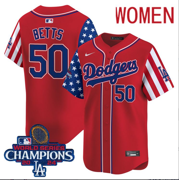 Women MLB Los Angeles Dodgers 50 Betts American Style red 2024 World Series Champions Limited Jersey